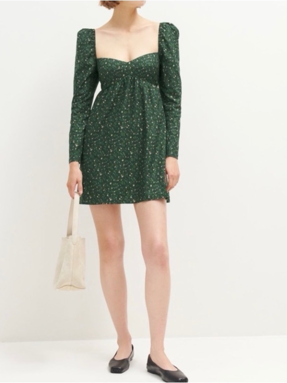 Reformation Green Floral Print Kenzi Dress Sz 2 Puff Sleeve Babydoll Mini EUC